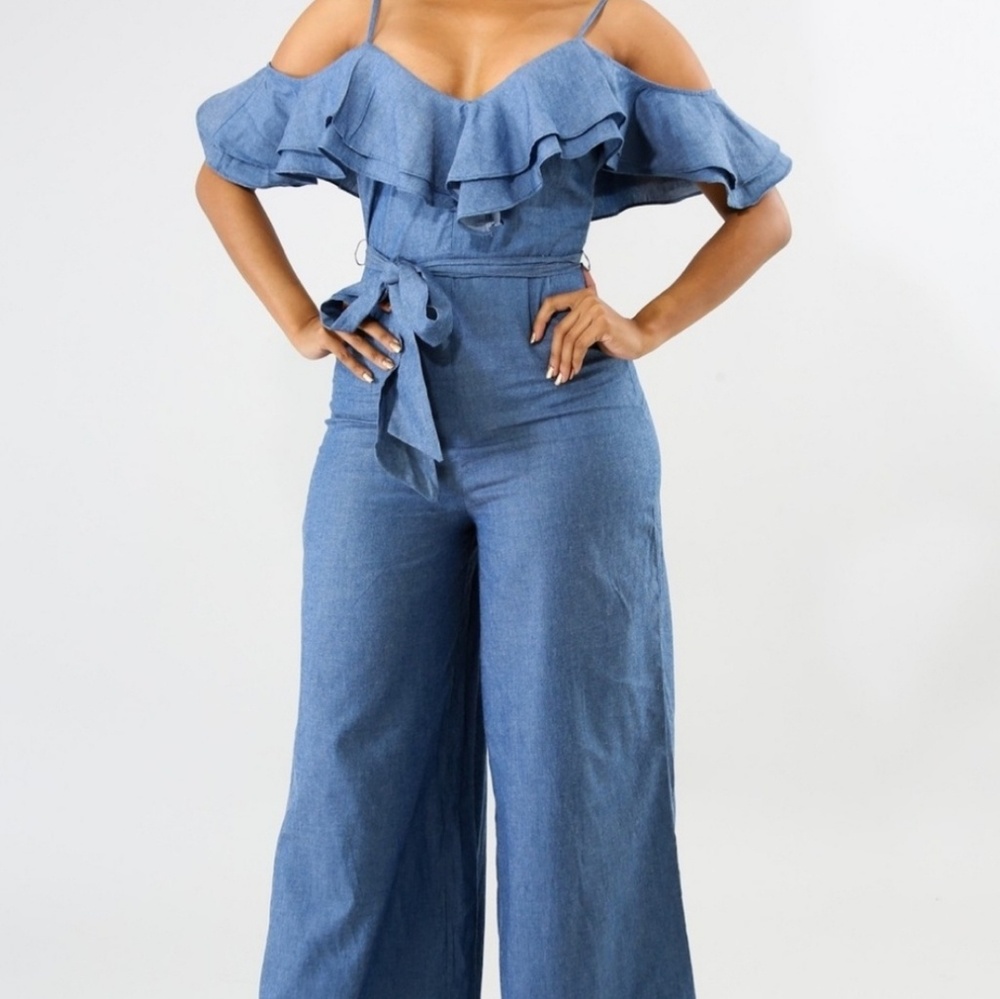 Denim wide leg jumpsuit